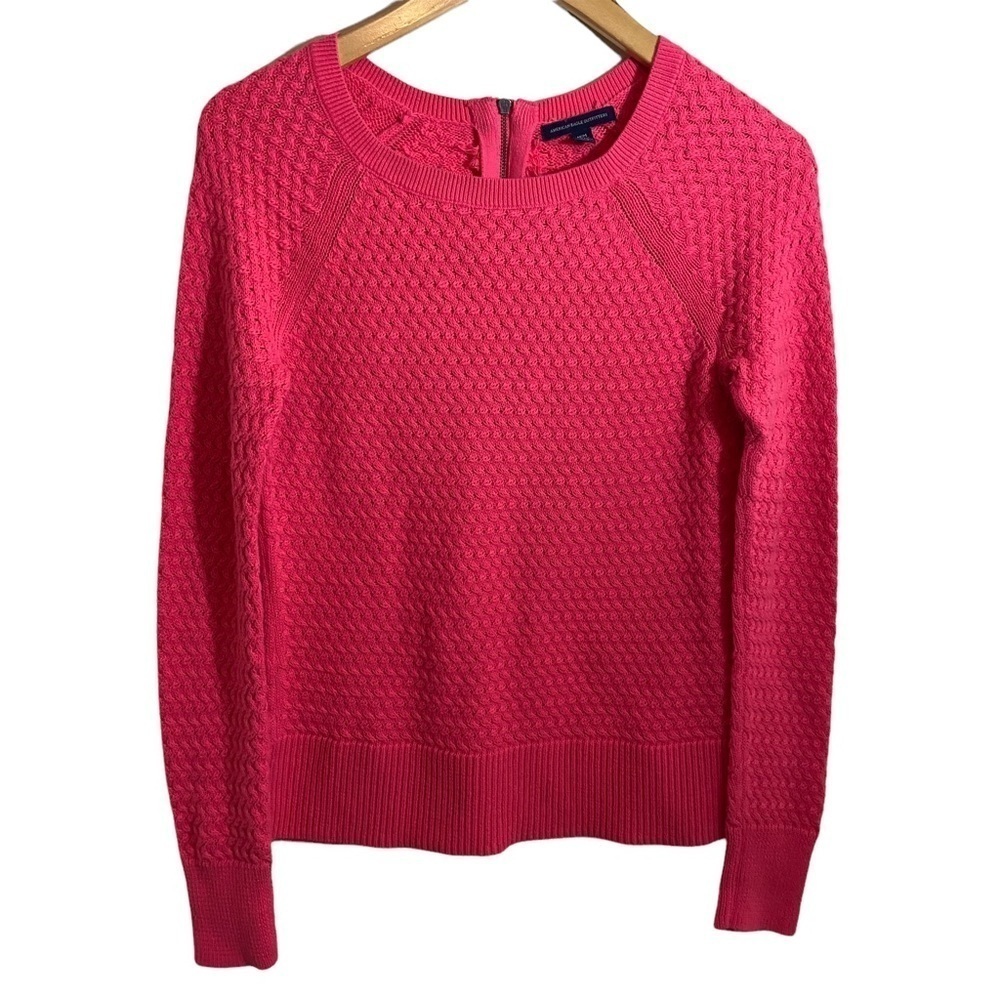 American Eagle Neon Pink Sweater Knit Wide Neck Back Zipper Pullover Sz M